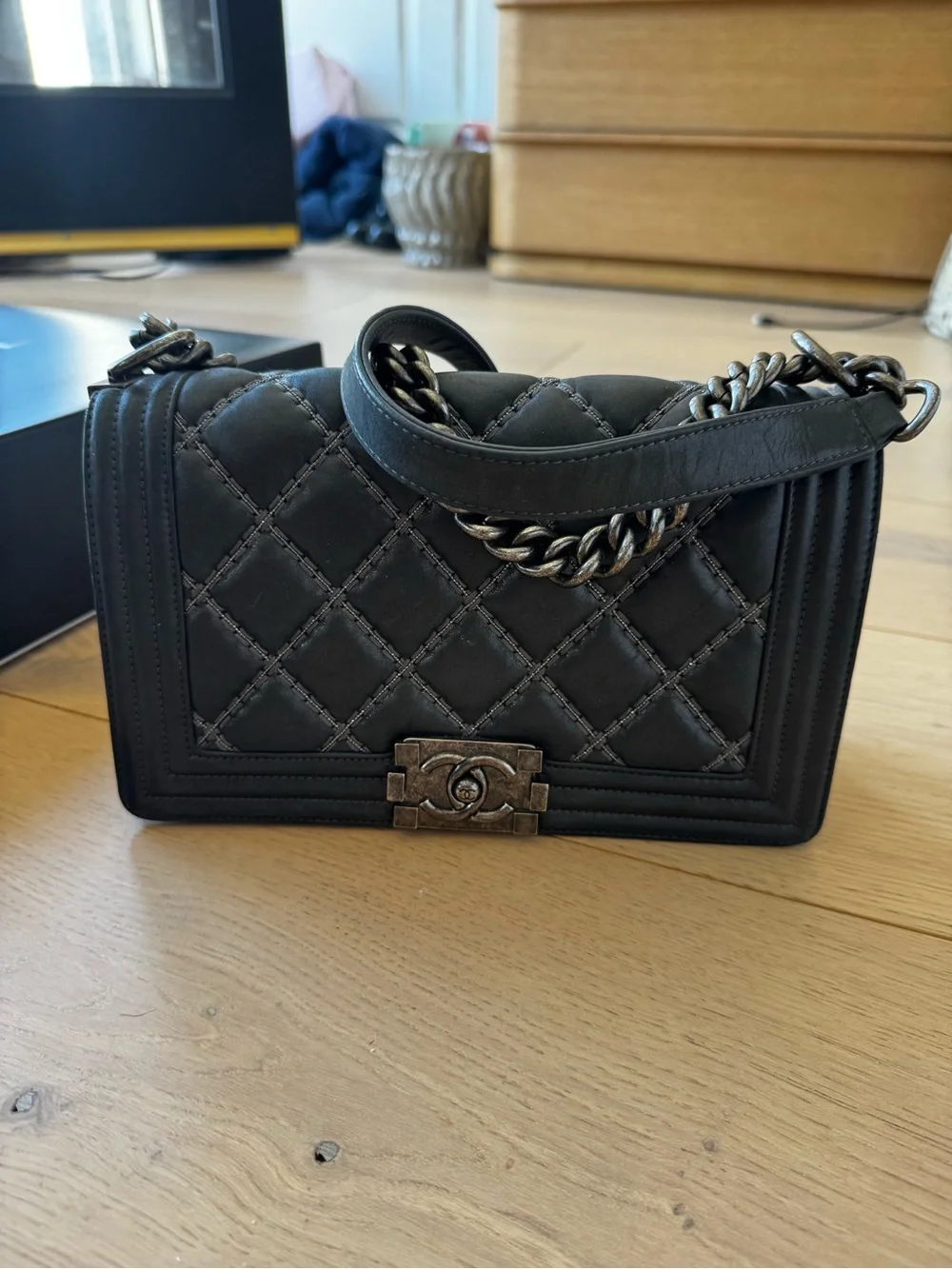 Chanel Boy Bag Medium Flap - 16A Charcoal Calfskin with Ruthenium Hardware